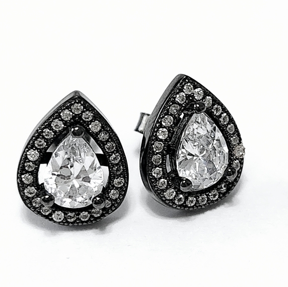 Halo Pear Silver Stud Earrings - Picture 8 of 10